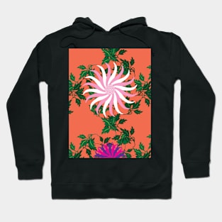 White, Pink, Cerise and Purple Flowers on a Vine Leaves and Orange background Hoodie